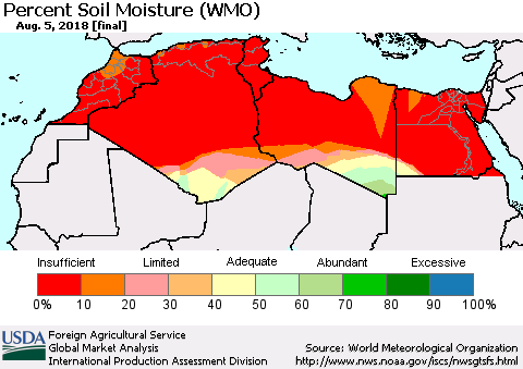 North Africa Percent Soil Moisture (WMO) Thematic Map For 7/30/2018 - 8/5/2018