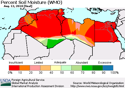 North Africa Percent Soil Moisture (WMO) Thematic Map For 8/6/2018 - 8/12/2018