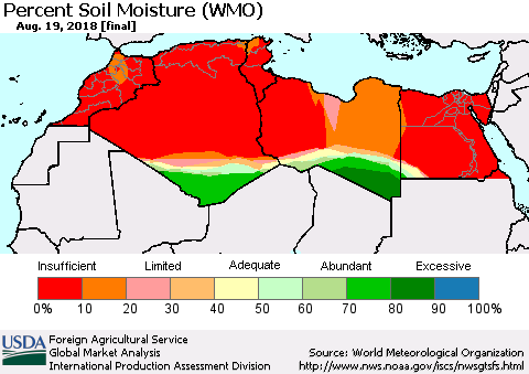 North Africa Percent Soil Moisture (WMO) Thematic Map For 8/13/2018 - 8/19/2018