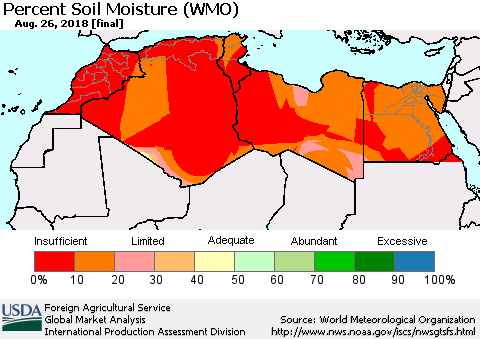 North Africa Percent Soil Moisture (WMO) Thematic Map For 8/20/2018 - 8/26/2018