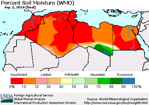 North Africa Percent Soil Moisture (WMO) Thematic Map For 8/27/2018 - 9/2/2018