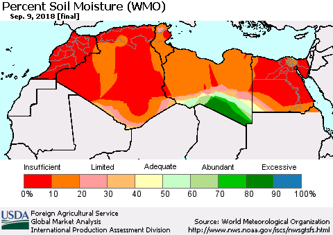 North Africa Percent Soil Moisture (WMO) Thematic Map For 9/3/2018 - 9/9/2018