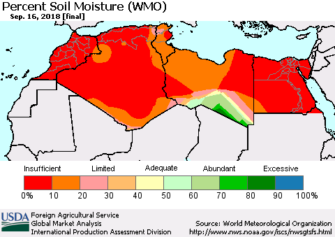 North Africa Percent Soil Moisture (WMO) Thematic Map For 9/10/2018 - 9/16/2018