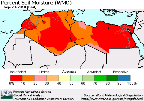 North Africa Percent Soil Moisture (WMO) Thematic Map For 9/17/2018 - 9/23/2018