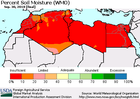 North Africa Percent Soil Moisture (WMO) Thematic Map For 9/24/2018 - 9/30/2018