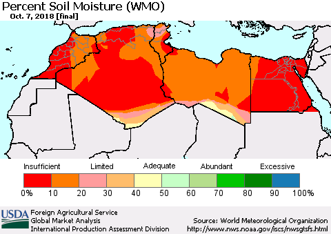 North Africa Percent Soil Moisture (WMO) Thematic Map For 10/1/2018 - 10/7/2018