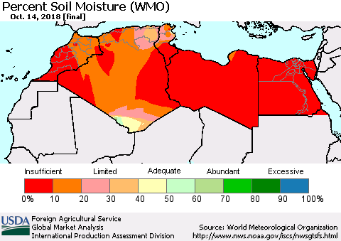 North Africa Percent Soil Moisture (WMO) Thematic Map For 10/8/2018 - 10/14/2018
