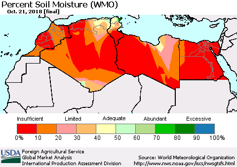 North Africa Percent Soil Moisture (WMO) Thematic Map For 10/15/2018 - 10/21/2018