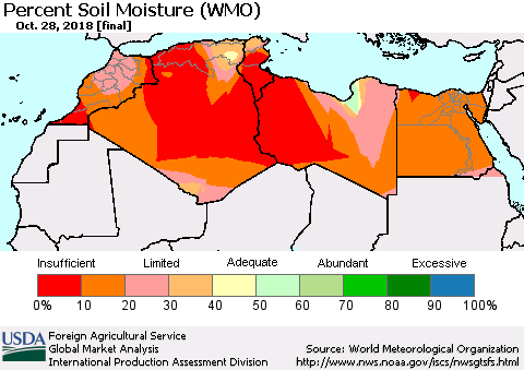 North Africa Percent Soil Moisture (WMO) Thematic Map For 10/22/2018 - 10/28/2018