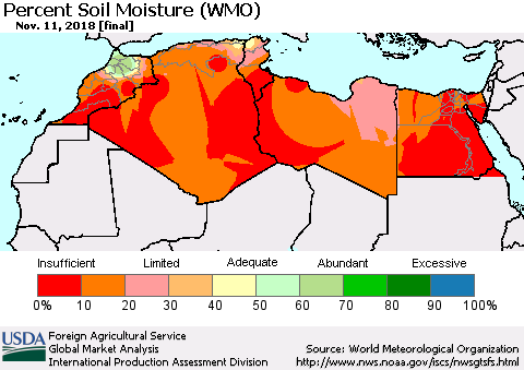 North Africa Percent Soil Moisture (WMO) Thematic Map For 11/5/2018 - 11/11/2018