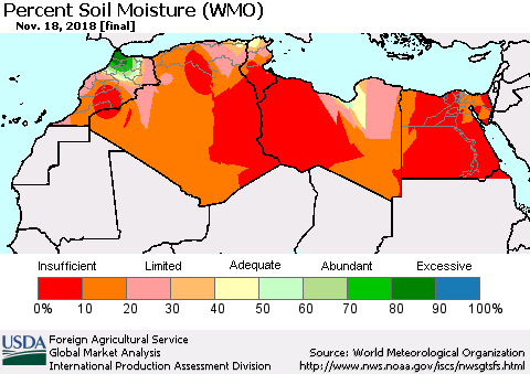 North Africa Percent Soil Moisture (WMO) Thematic Map For 11/12/2018 - 11/18/2018