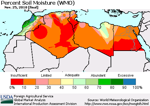 North Africa Percent Soil Moisture (WMO) Thematic Map For 11/19/2018 - 11/25/2018