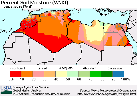 North Africa Percent Soil Moisture (WMO) Thematic Map For 12/31/2018 - 1/6/2019