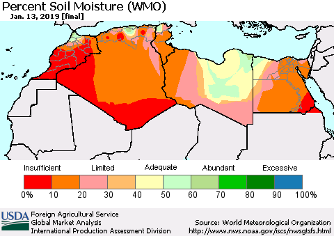 North Africa Percent Soil Moisture (WMO) Thematic Map For 1/7/2019 - 1/13/2019