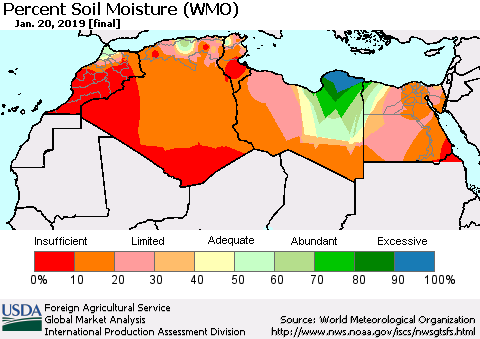 North Africa Percent Soil Moisture (WMO) Thematic Map For 1/14/2019 - 1/20/2019