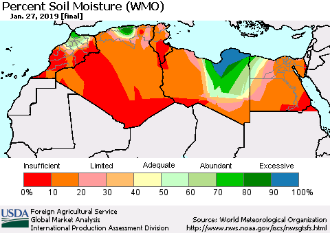 North Africa Percent Soil Moisture (WMO) Thematic Map For 1/21/2019 - 1/27/2019