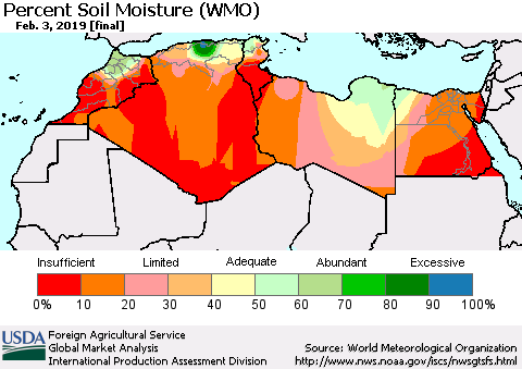 North Africa Percent Soil Moisture (WMO) Thematic Map For 1/28/2019 - 2/3/2019