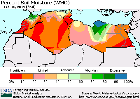 North Africa Percent Soil Moisture (WMO) Thematic Map For 2/4/2019 - 2/10/2019