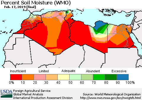 North Africa Percent Soil Moisture (WMO) Thematic Map For 2/11/2019 - 2/17/2019