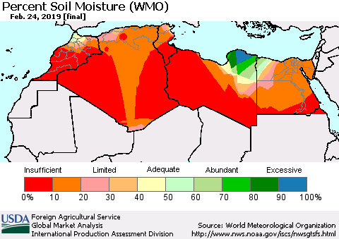 North Africa Percent Soil Moisture (WMO) Thematic Map For 2/18/2019 - 2/24/2019