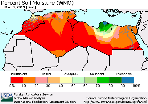 North Africa Percent Soil Moisture (WMO) Thematic Map For 2/25/2019 - 3/3/2019