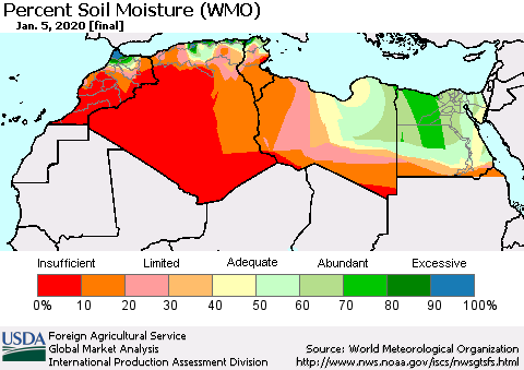 North Africa Percent Soil Moisture (WMO) Thematic Map For 12/30/2019 - 1/5/2020
