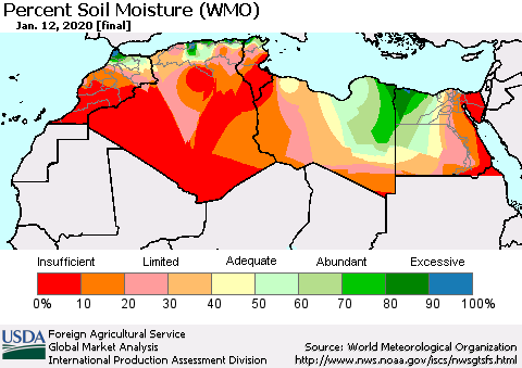 North Africa Percent Soil Moisture (WMO) Thematic Map For 1/6/2020 - 1/12/2020