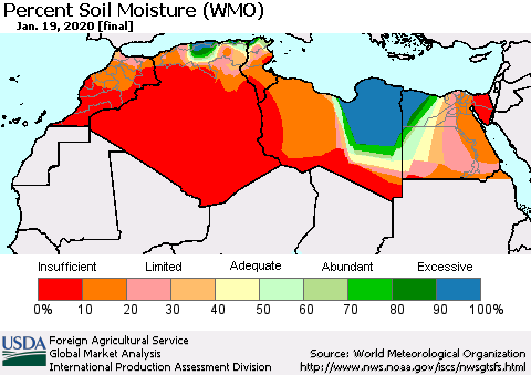 North Africa Percent Soil Moisture (WMO) Thematic Map For 1/13/2020 - 1/19/2020