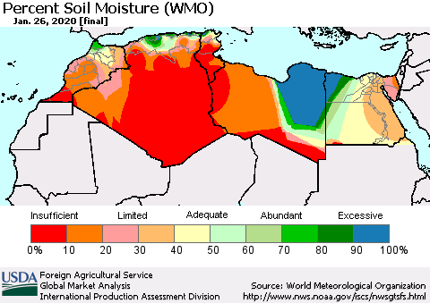 North Africa Percent Soil Moisture (WMO) Thematic Map For 1/20/2020 - 1/26/2020