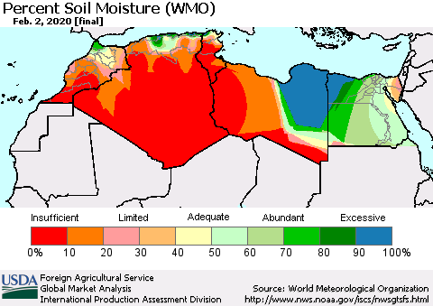 North Africa Percent Soil Moisture (WMO) Thematic Map For 1/27/2020 - 2/2/2020