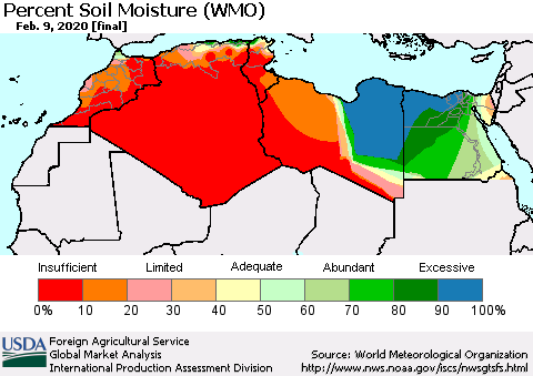 North Africa Percent Soil Moisture (WMO) Thematic Map For 2/3/2020 - 2/9/2020