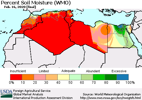 North Africa Percent Soil Moisture (WMO) Thematic Map For 2/10/2020 - 2/16/2020