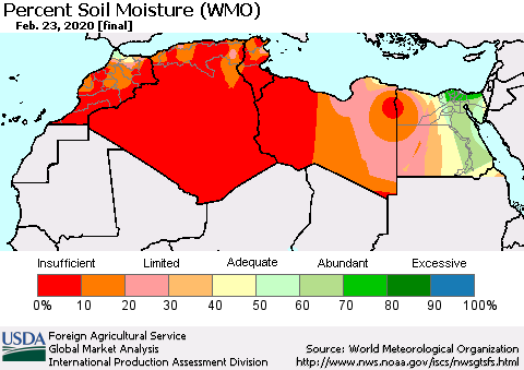 North Africa Percent Soil Moisture (WMO) Thematic Map For 2/17/2020 - 2/23/2020