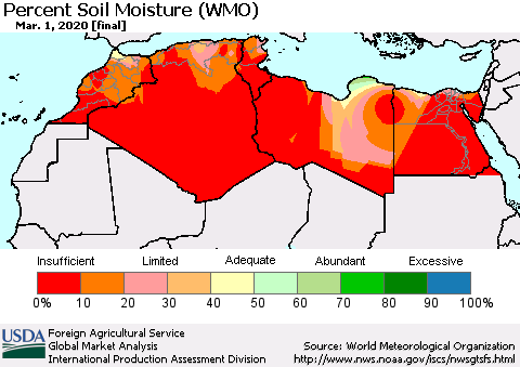 North Africa Percent Soil Moisture (WMO) Thematic Map For 2/24/2020 - 3/1/2020