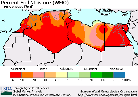 North Africa Percent Soil Moisture (WMO) Thematic Map For 3/2/2020 - 3/8/2020