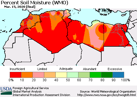 North Africa Percent Soil Moisture (WMO) Thematic Map For 3/9/2020 - 3/15/2020