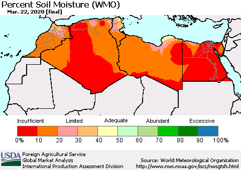 North Africa Percent Soil Moisture (WMO) Thematic Map For 3/16/2020 - 3/22/2020