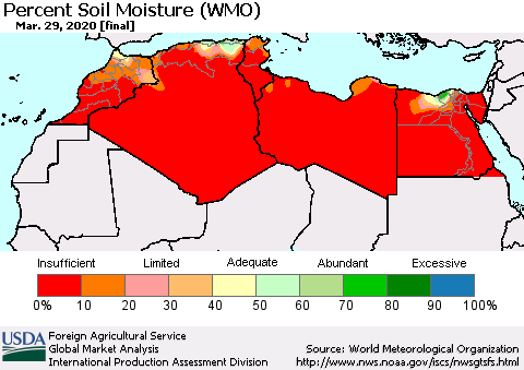 North Africa Percent Soil Moisture (WMO) Thematic Map For 3/23/2020 - 3/29/2020