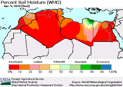 North Africa Percent Soil Moisture (WMO) Thematic Map For 3/30/2020 - 4/5/2020