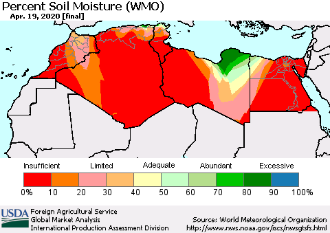 North Africa Percent Soil Moisture (WMO) Thematic Map For 4/13/2020 - 4/19/2020