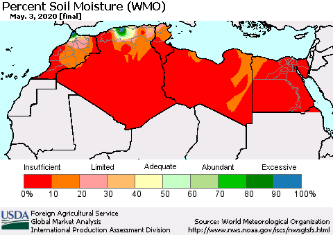 North Africa Percent Soil Moisture (WMO) Thematic Map For 4/27/2020 - 5/3/2020