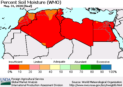 North Africa Percent Soil Moisture (WMO) Thematic Map For 5/25/2020 - 5/31/2020