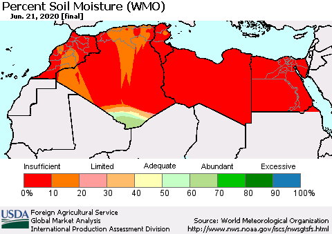 North Africa Percent Soil Moisture (WMO) Thematic Map For 6/15/2020 - 6/21/2020