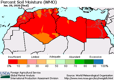North Africa Percent Soil Moisture (WMO) Thematic Map For 6/22/2020 - 6/28/2020