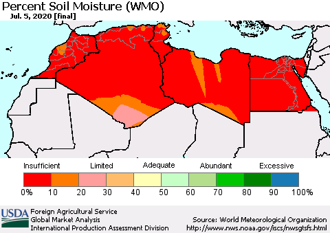 North Africa Percent Soil Moisture (WMO) Thematic Map For 6/29/2020 - 7/5/2020