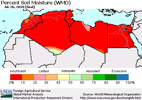 North Africa Percent Soil Moisture (WMO) Thematic Map For 7/20/2020 - 7/26/2020