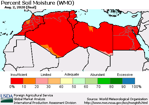 North Africa Percent Soil Moisture (WMO) Thematic Map For 7/27/2020 - 8/2/2020