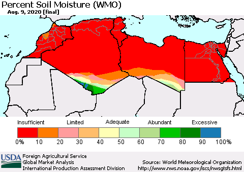 North Africa Percent Soil Moisture (WMO) Thematic Map For 8/3/2020 - 8/9/2020