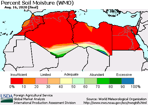 North Africa Percent Soil Moisture (WMO) Thematic Map For 8/10/2020 - 8/16/2020