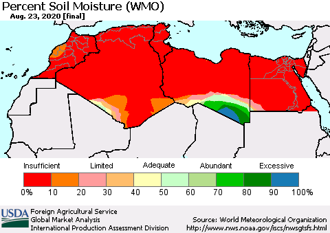 North Africa Percent Soil Moisture (WMO) Thematic Map For 8/17/2020 - 8/23/2020
